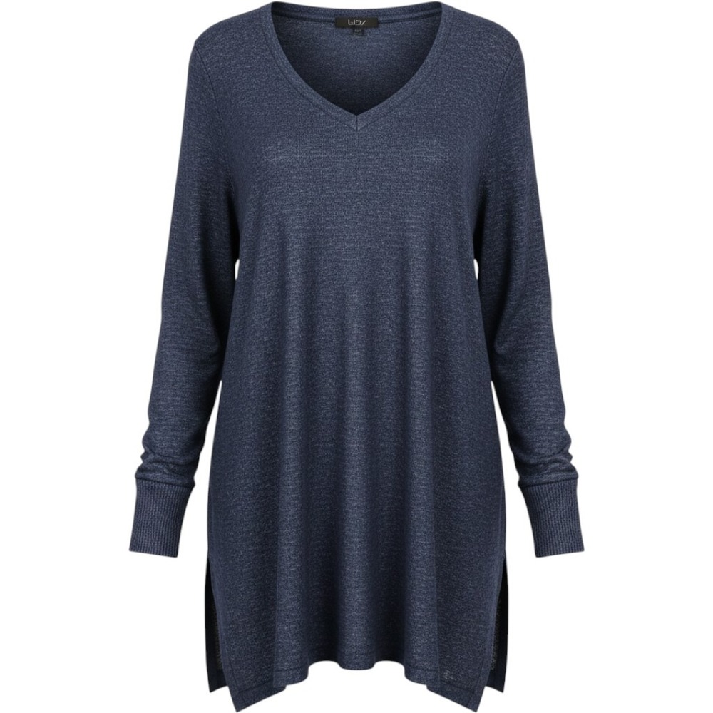 Lildy Women Navy Blue Marled Knit V-Neck Side Slit Sweater Tunic Top Size S-M